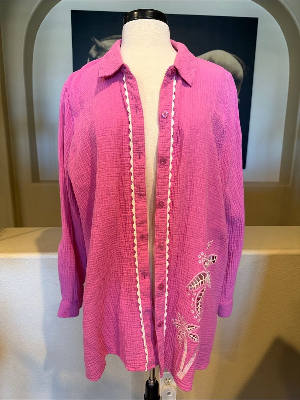 Susan Graver Pink Palms Embroidered Button-Front Tunic Cotton Coverup